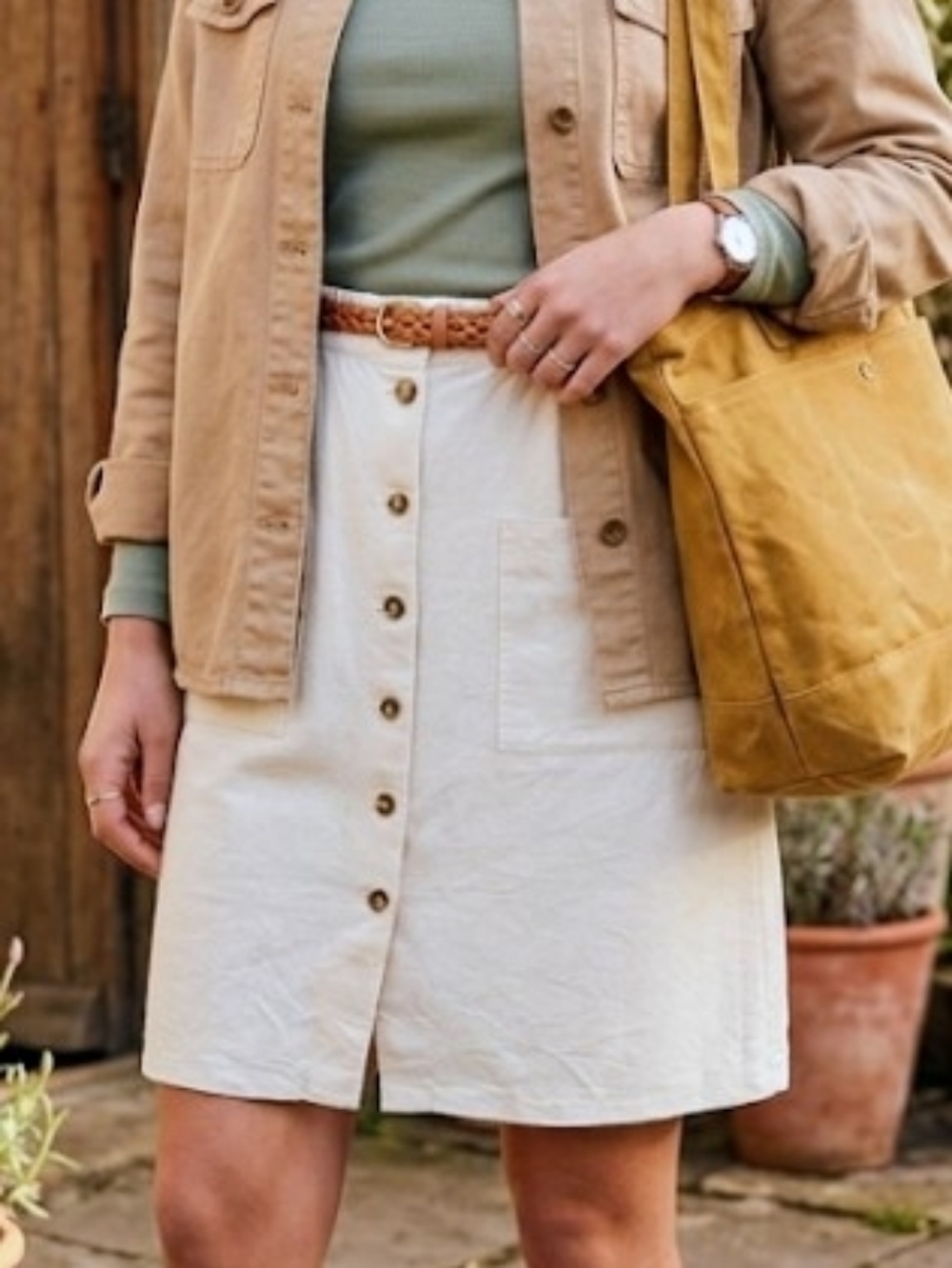OAK + FORT Linen Blend Button-Front Midi Skirt (S) Elastic Waist Neutral Comfy